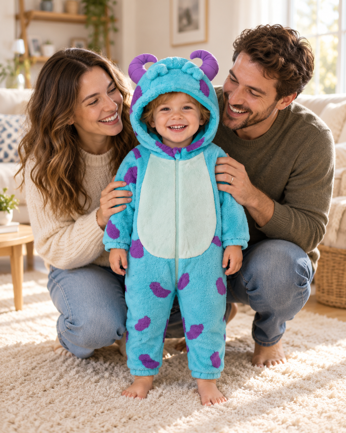 AI-created lifestyle photograph of a child in the blue monster costume laughing with both parents.