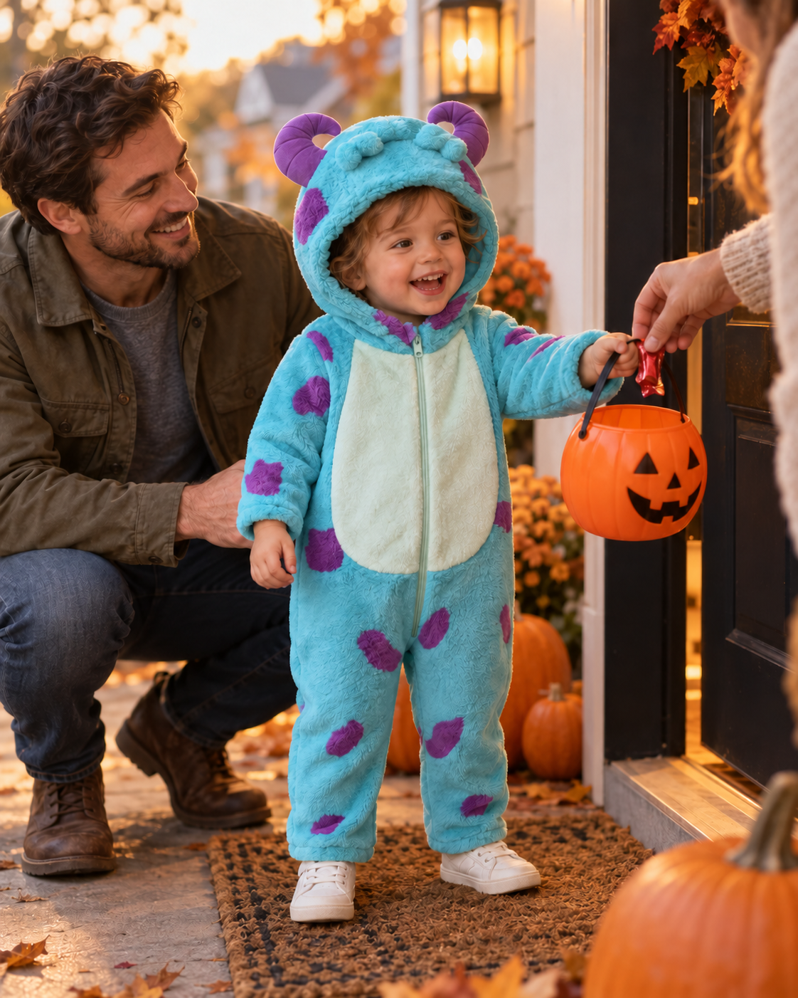 AI-created Halloween scene: child in the blue monster costume trick-or-treating with a parent at a decorated doorway.