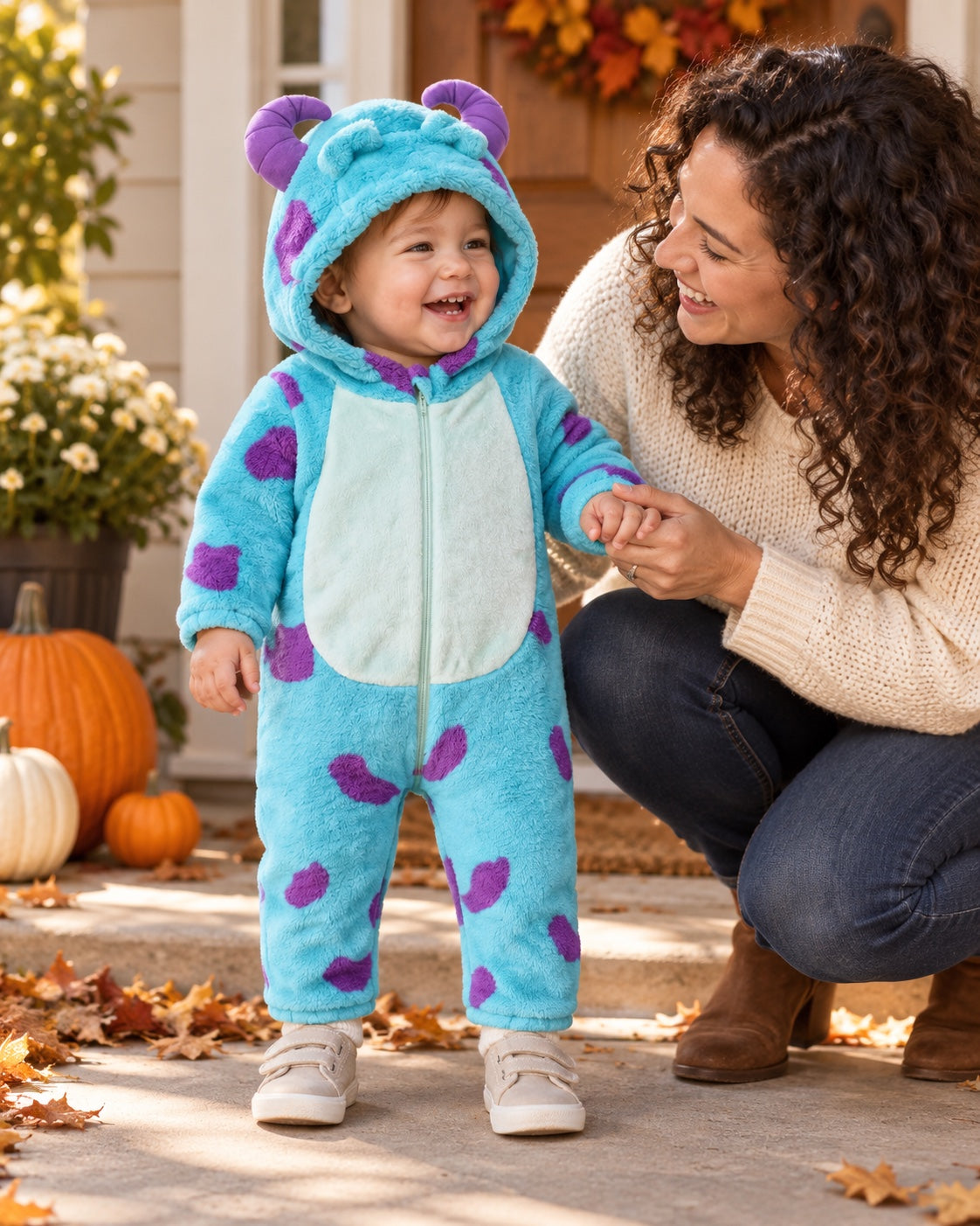 AI-created campaign scene of a mother and child wearing the blue monster costume