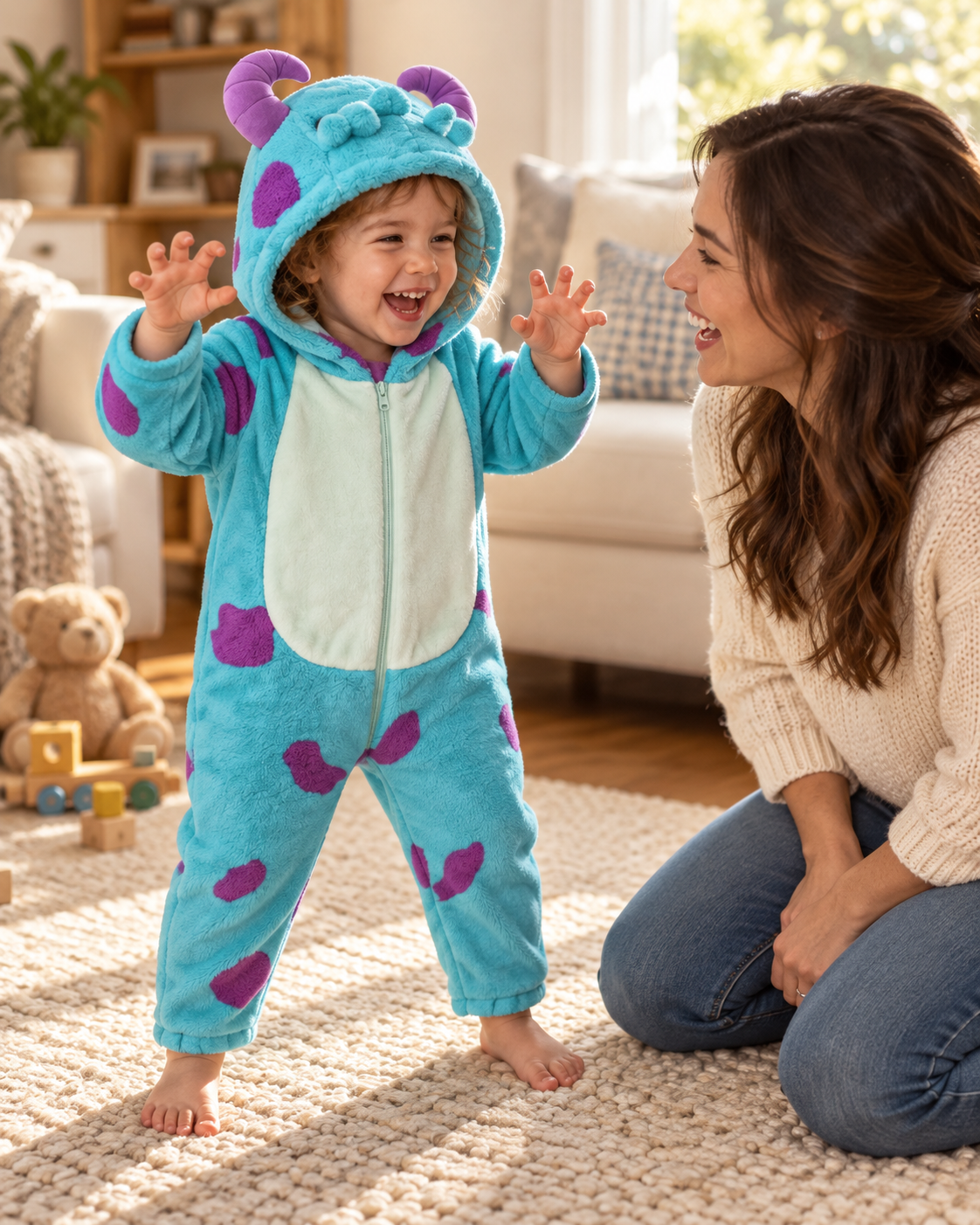 AI-created lifestyle photograph of a child in the blue monster costume playing with their mother at home