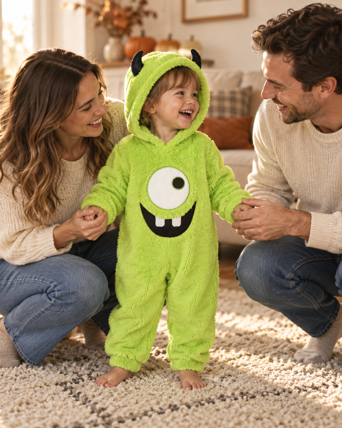 AI-created lifestyle photograph of a child in the green monster costume laughing with both parents.