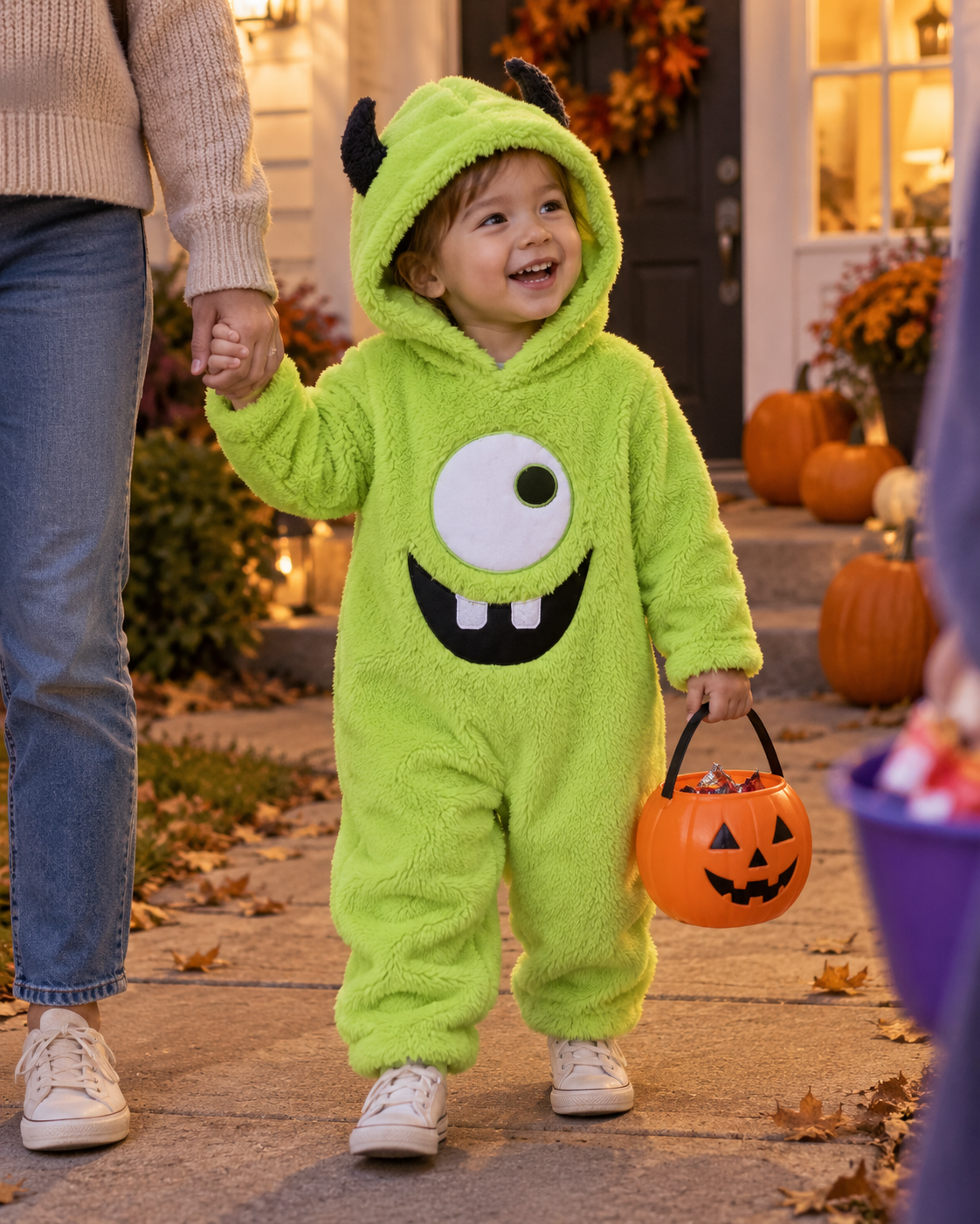 A child in the green monster costume holding a parent's hand on a pumpkin-decorated Halloween porch
