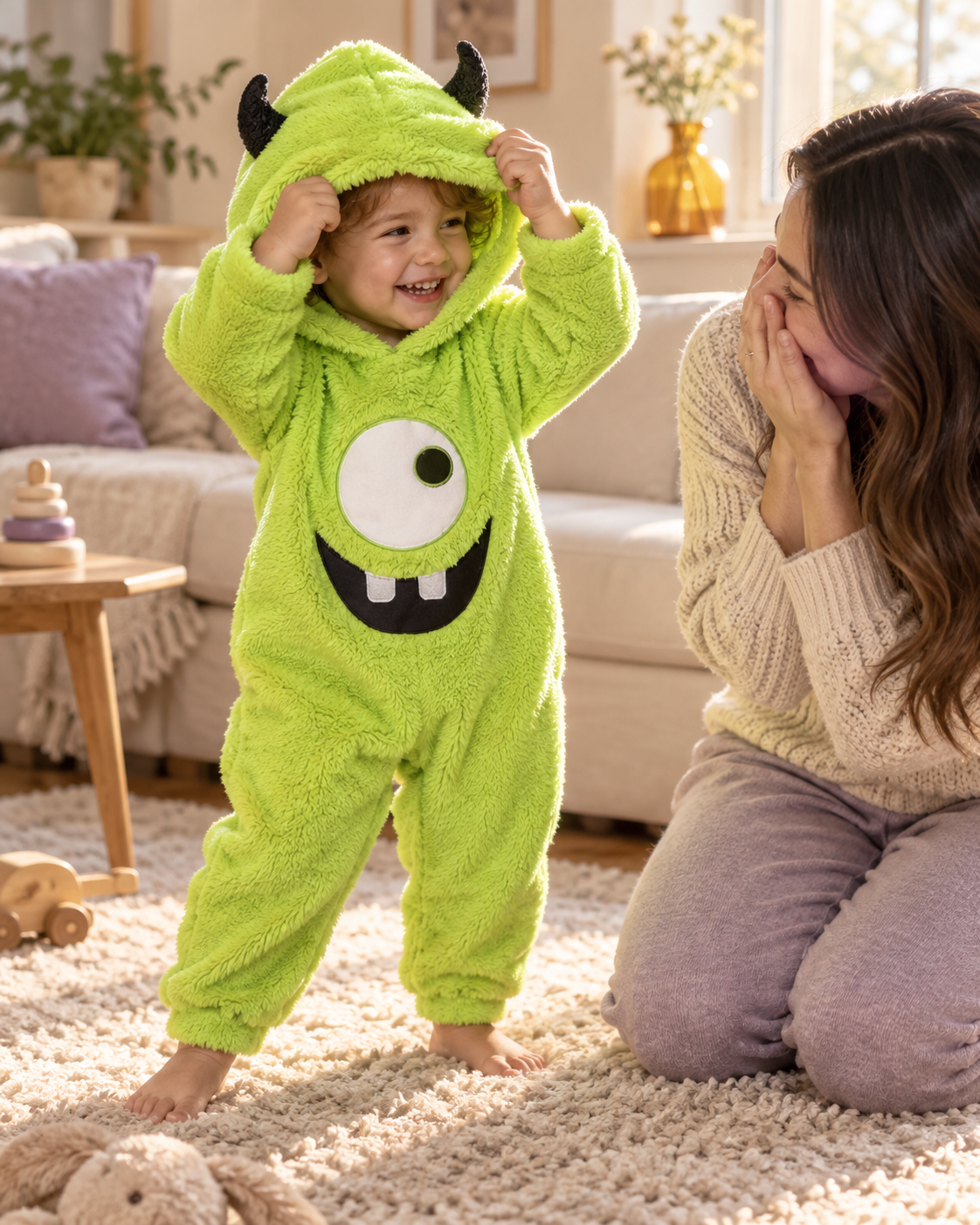 A child in the lime green monster costume playing peekaboo with their mother at home