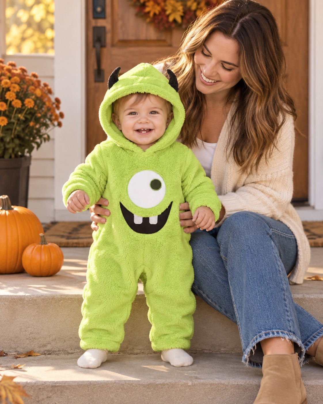 AI-created campaign scene of a mother and child wearing the green monster costume