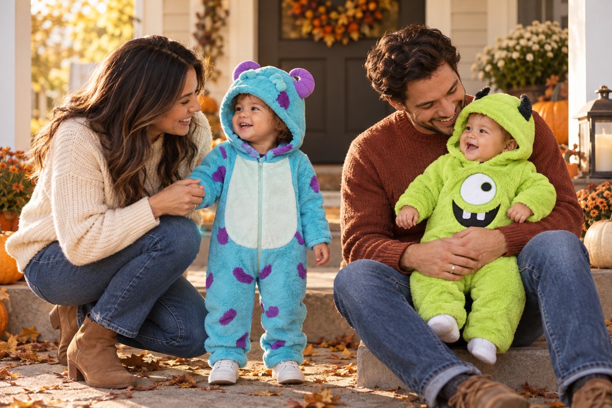 Parents sharing a Halloween moment with their children in monster costumes.